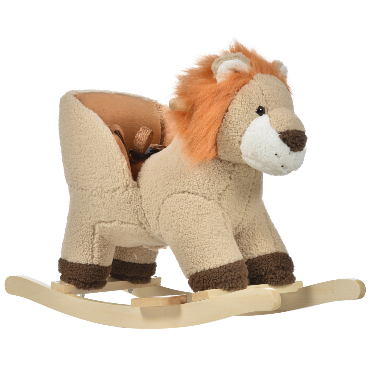 Kids Plush Rocking Lion Ride On with Sound Button, Wood Base and Seat Belt