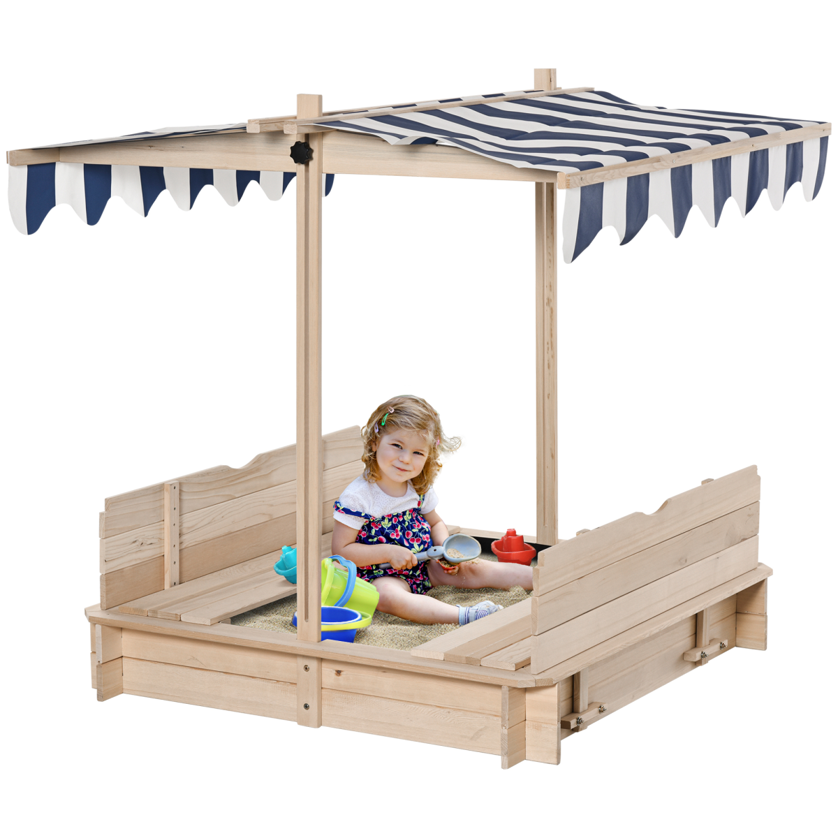 Outsunny Kids Wooden Sandpit with Adjustable Canopy and Benches