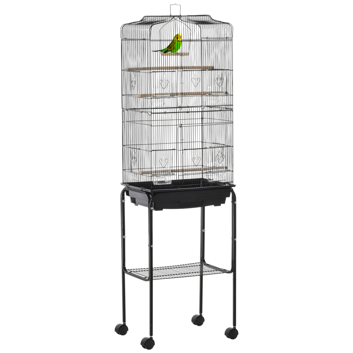 PawHut Metal Bird Cage with Rolling Stand, Slide-Out Tray and Storage Shelf, Black