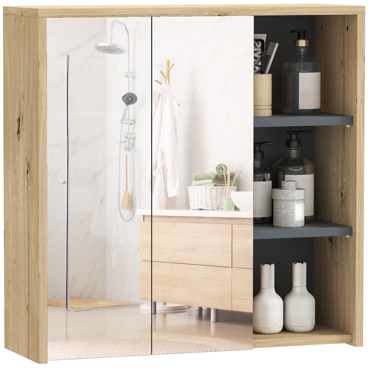 HOMCOM Wall Mounted Bathroom Mirror Cabinet with 5 Shelves, Natural