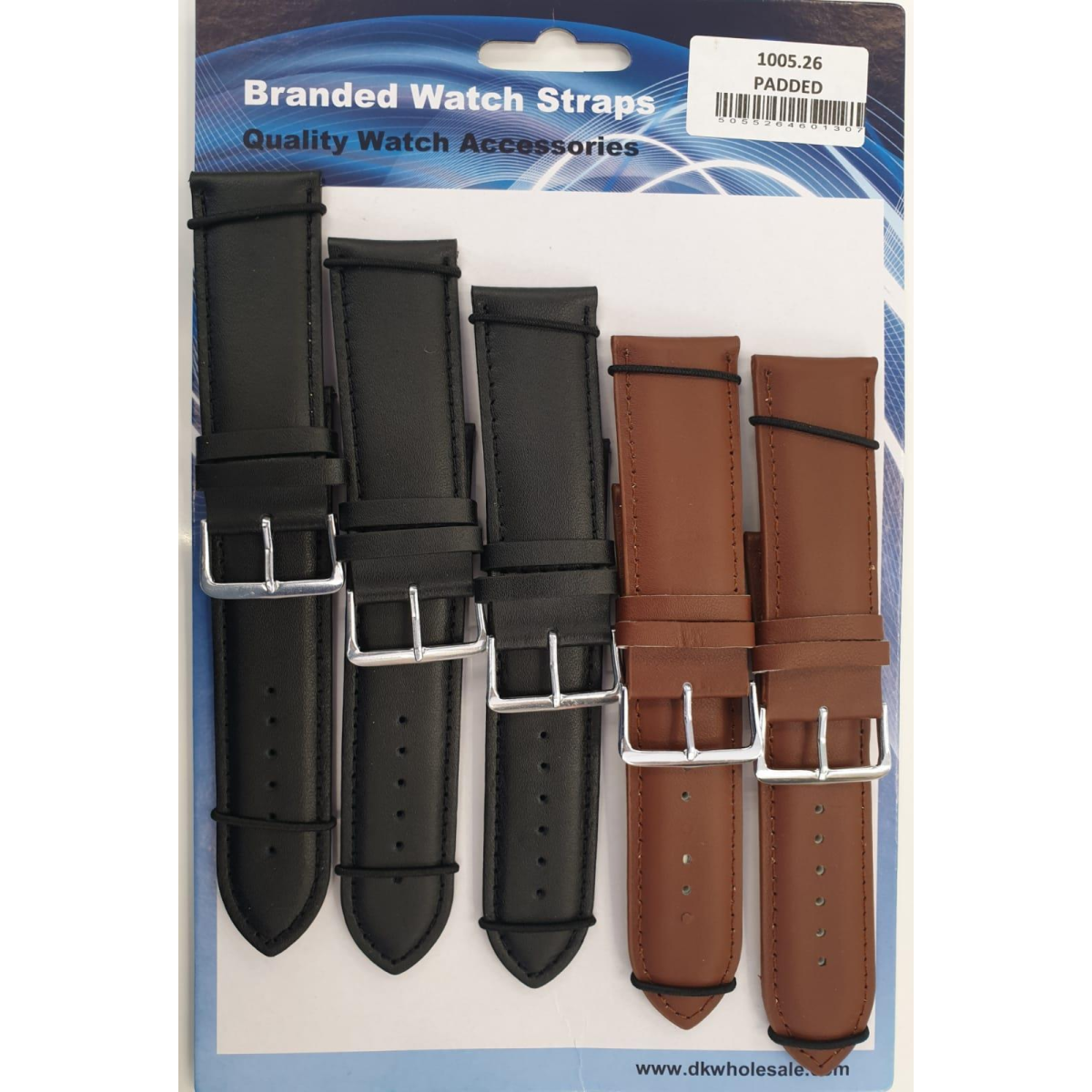 Padded Leather Watch Straps Pack of 5, Black & Brown Mixed, 28mm
