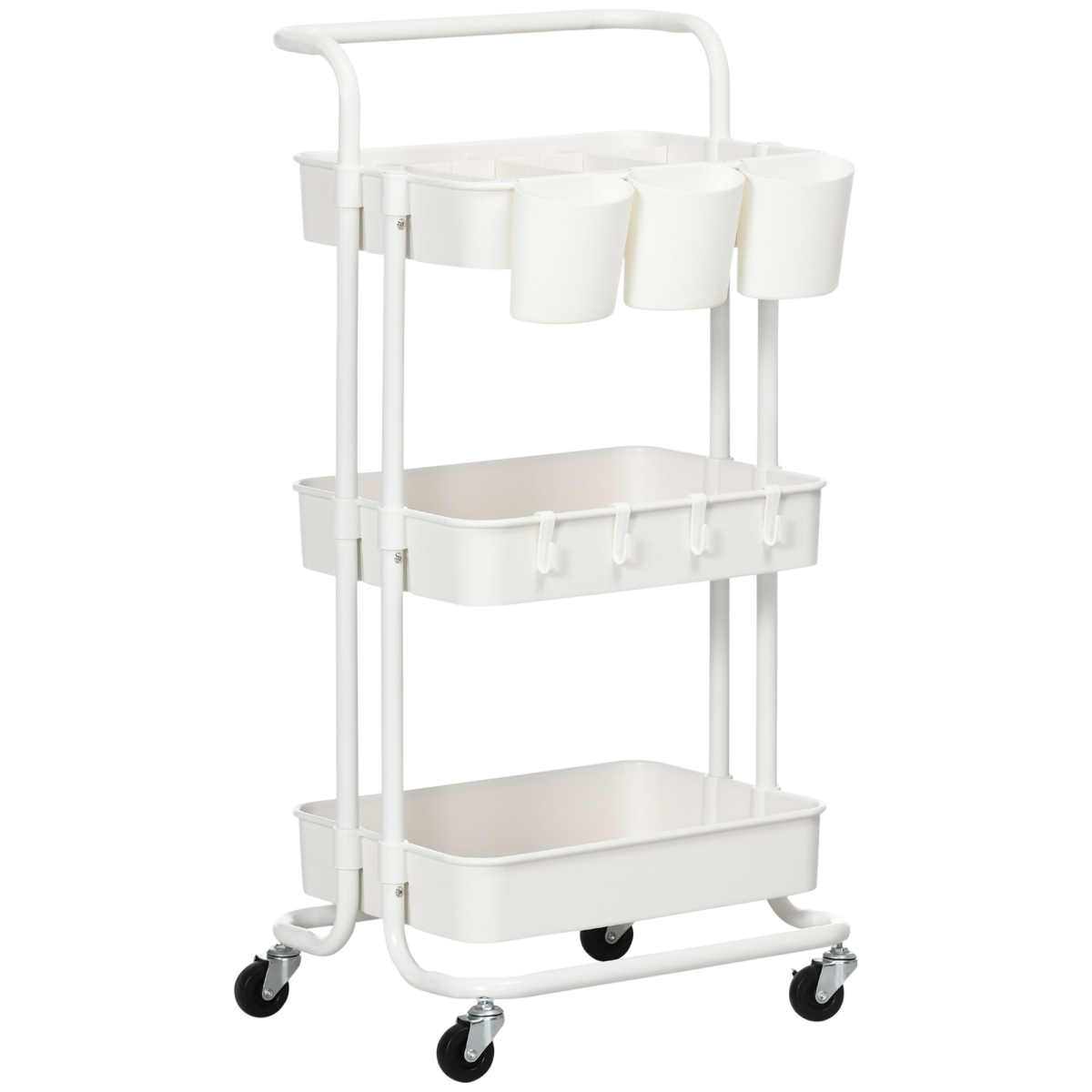 HOMCOM 3-Tier Rolling Utility Cart with Baskets and Hooks, White