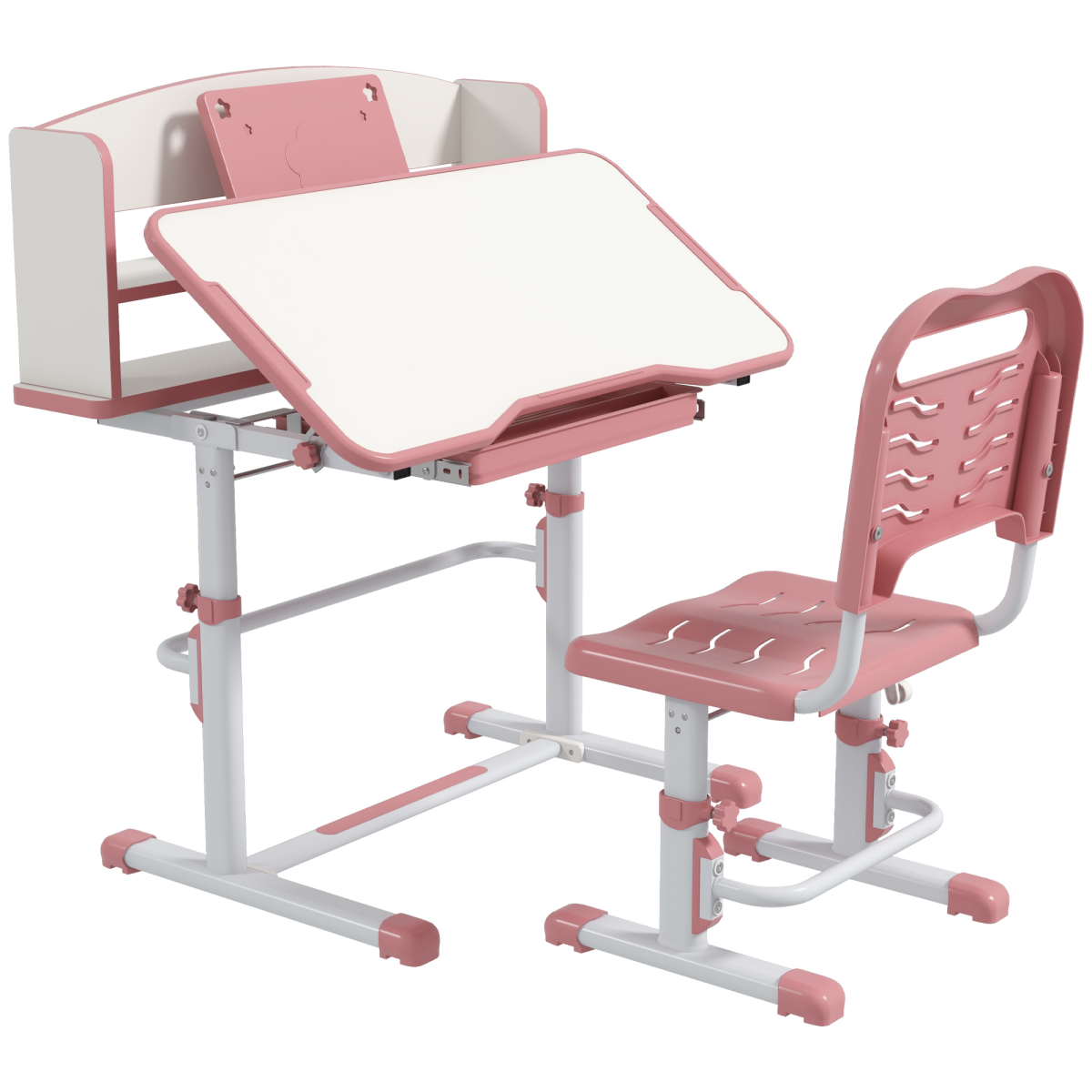ZONEKIZ Adjustable Kids Desk and Chair Set with Drawer, Bookshelf, Pink