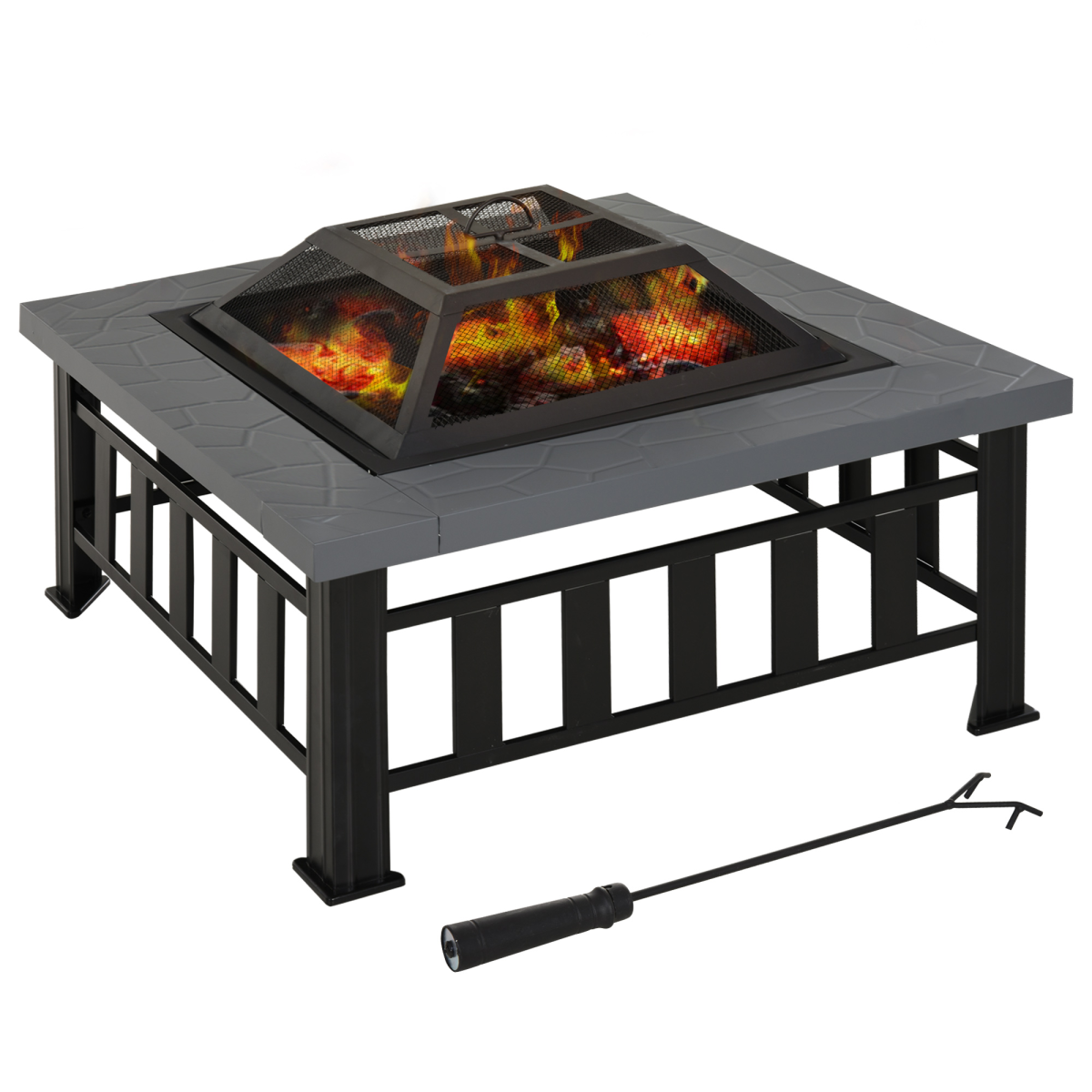 HOMCOM Square Fire Pit with Waterproof Cover, Black/Grey