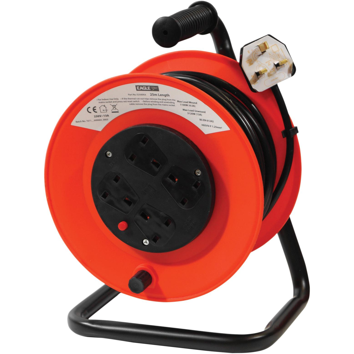 Eagle 4 Socket 25m Extension Reel with Carry Handle and Thermal Protection
