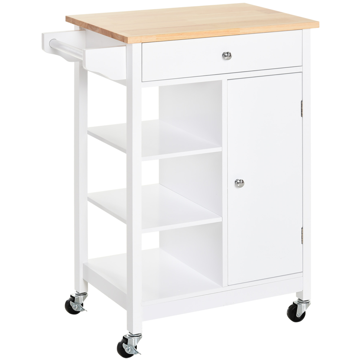 HOMCOM White MDF Kitchen Storage Trolley with Drawer, Open Shelves, Cabinet, Adjustable Shelf and Hanging Rail, Rolling Wheels
