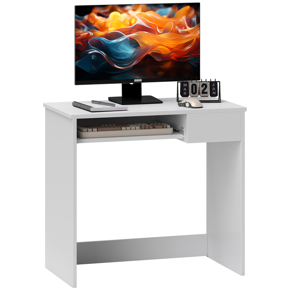 HOMCOM Compact Computer Desk with Keyboard Tray and Drawer, White