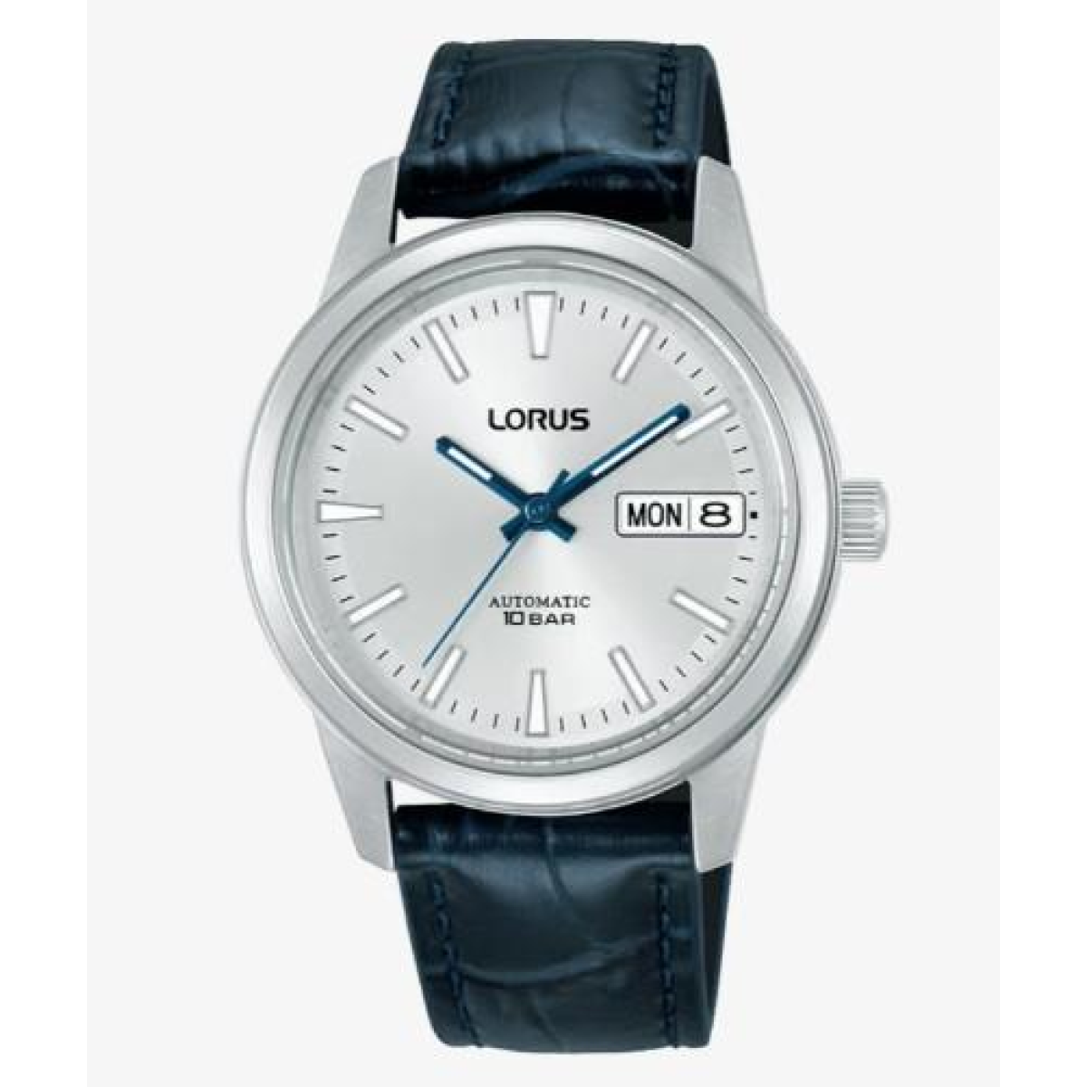 Lorus Automatic Day-Date Analogue Watch with Silver Dial and Blue Leather Strap