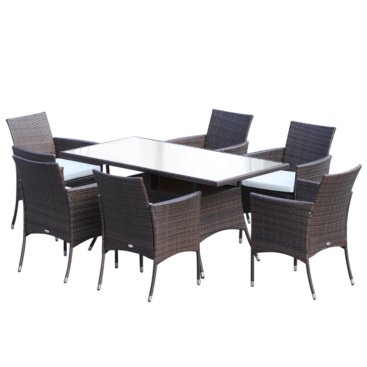 Outsunny 7-Piece Rattan Garden Dining Set, 6 Chairs, Glass Table Top