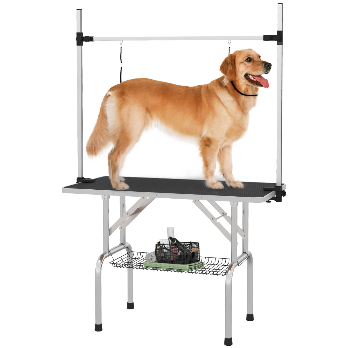 PawHut Adjustable Metal Dog Grooming Table with Non-Slip Rubber Top, 2 Safety Slings, Mesh Storage Basket, Black