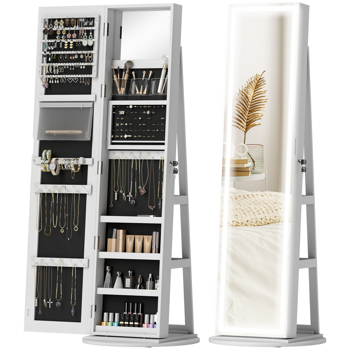 HOMCOM 360° Swivel Jewellery Cabinet Mirror with Storage, White