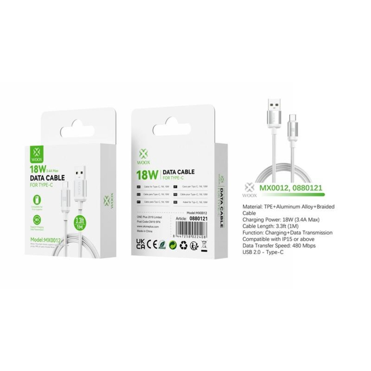 Woox MX0012 USB to Type C Braided Data Cable 18W 1m White