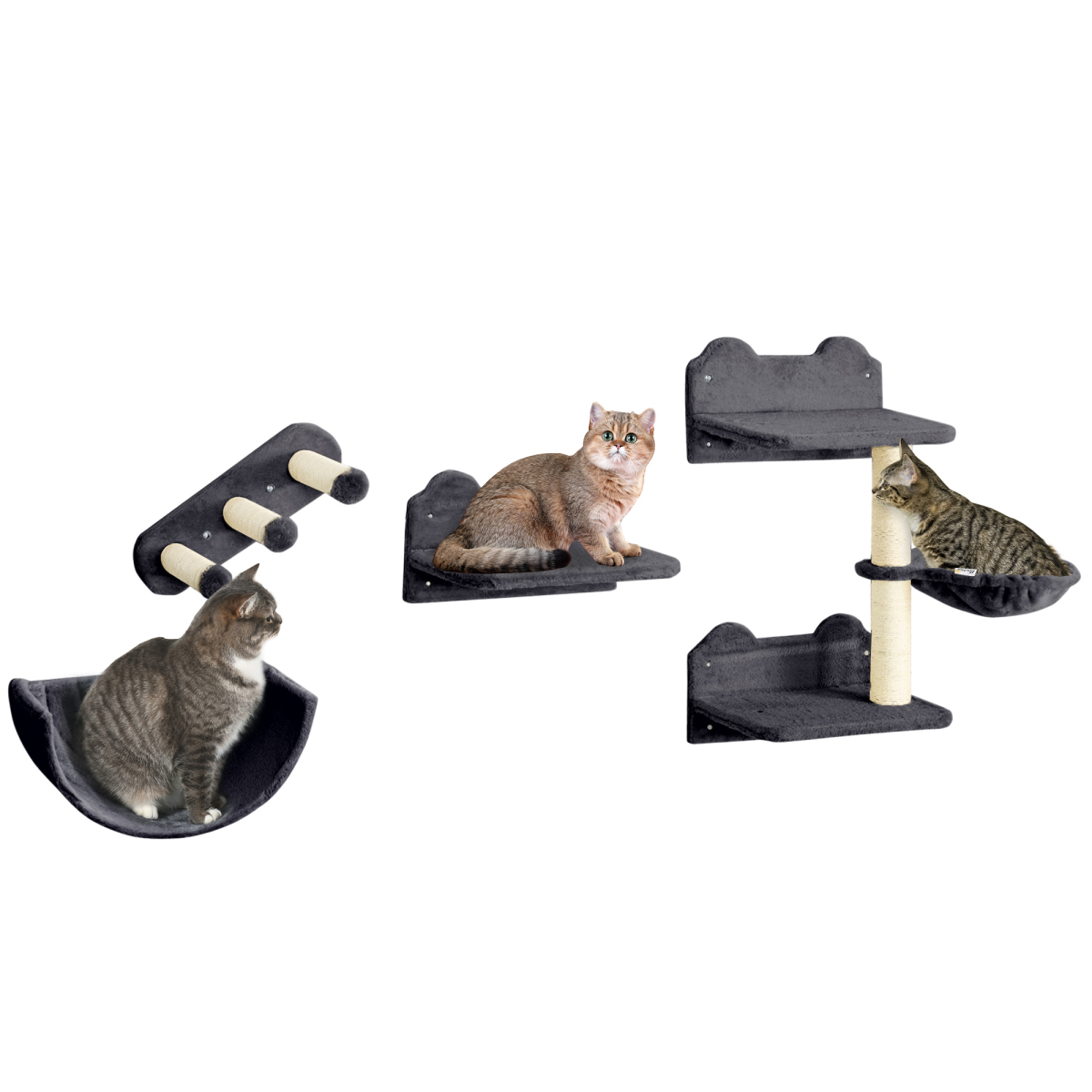 PawHut 4-Piece Wall Mounted Cat Tree with Hammock & Scratching Post