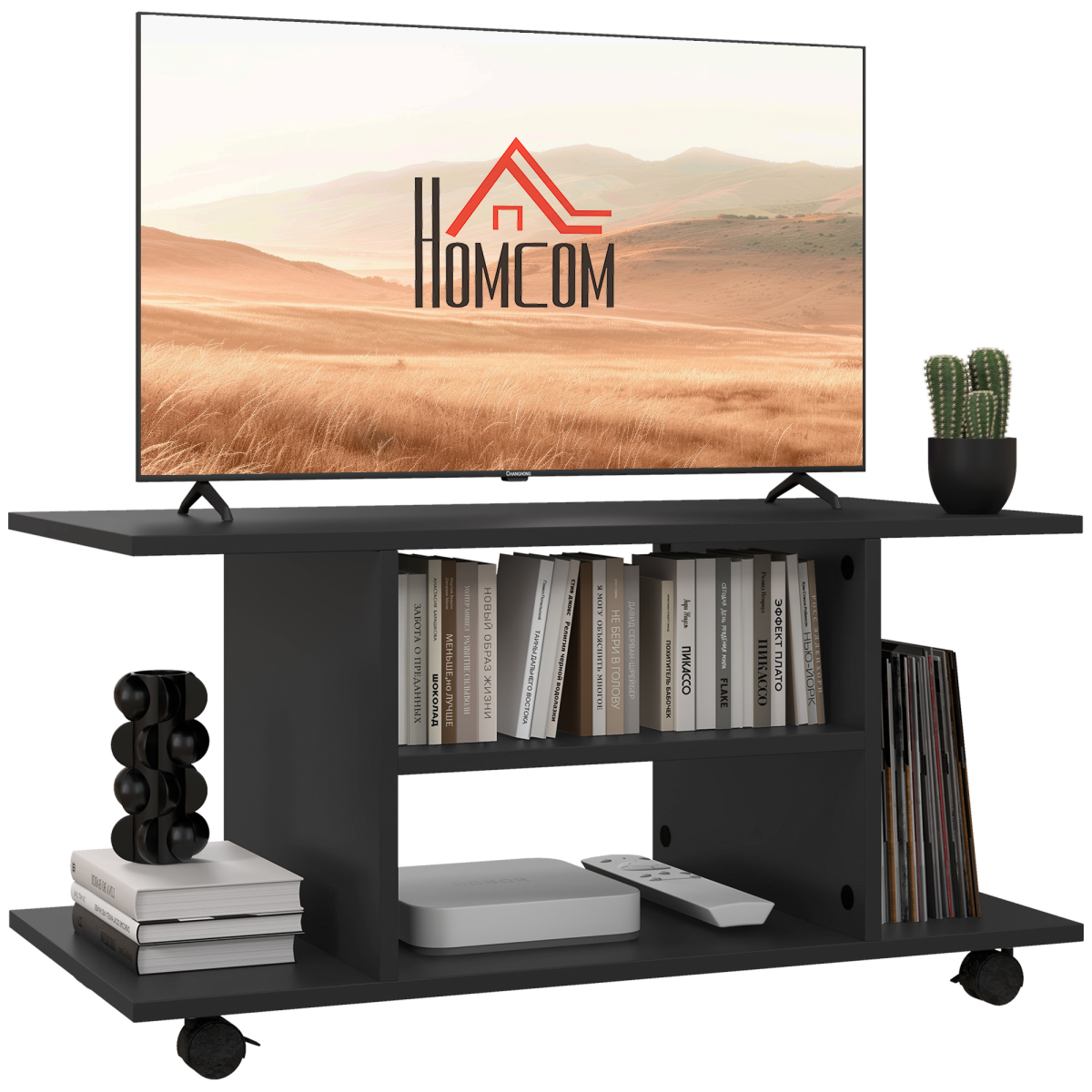 HOMCOM Black Mobile TV Stand with 3-Tier Storage Shelves and Lockable Castor Wheels