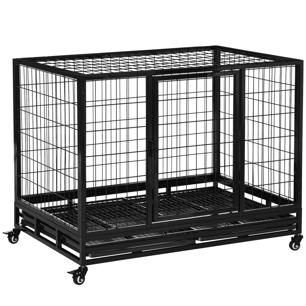 Large Black Metal Dog Kennel Cage with Wheels and Tray