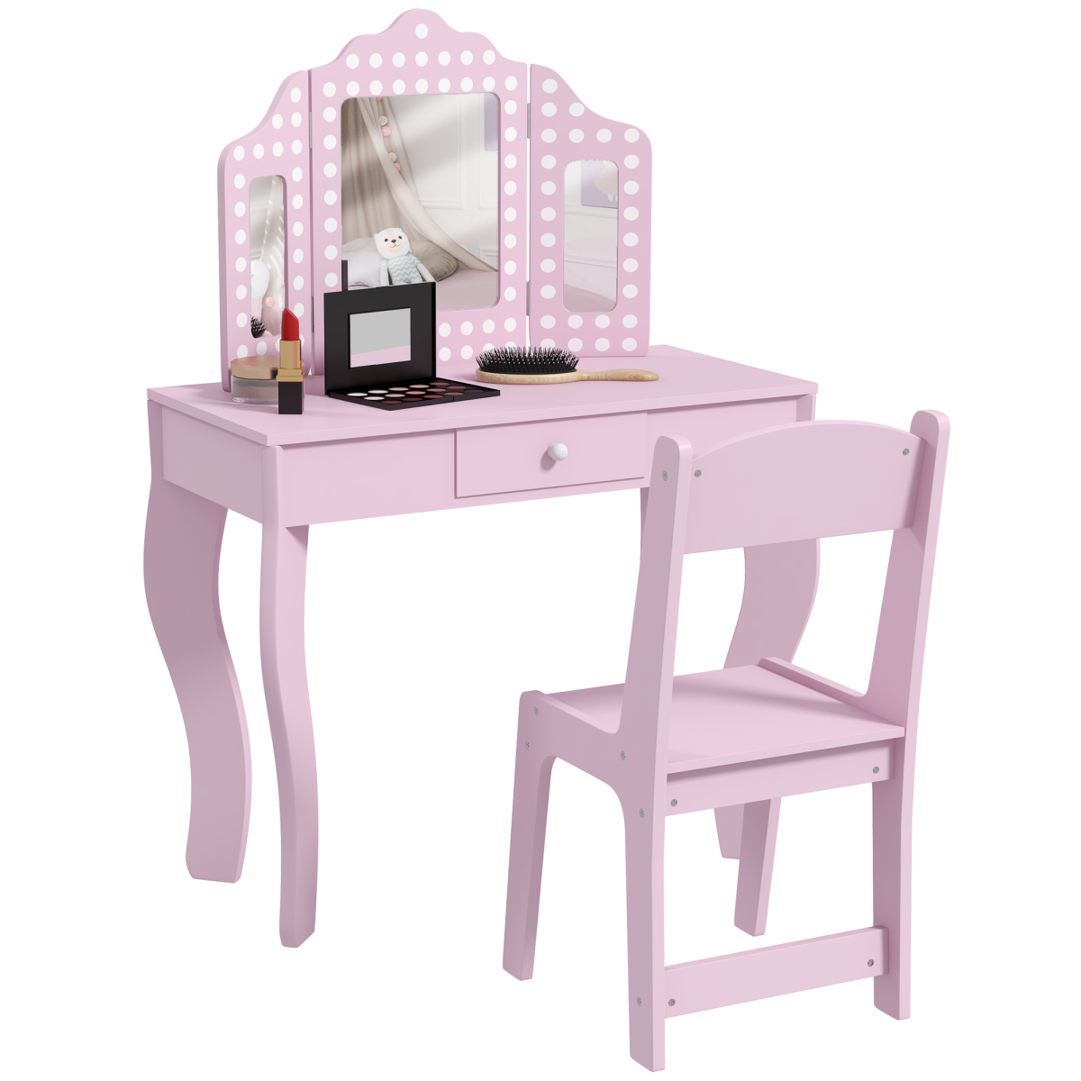 AIYAPLAY Kids Dressing Table Set, Pink, with Stool, Mirror & Drawer