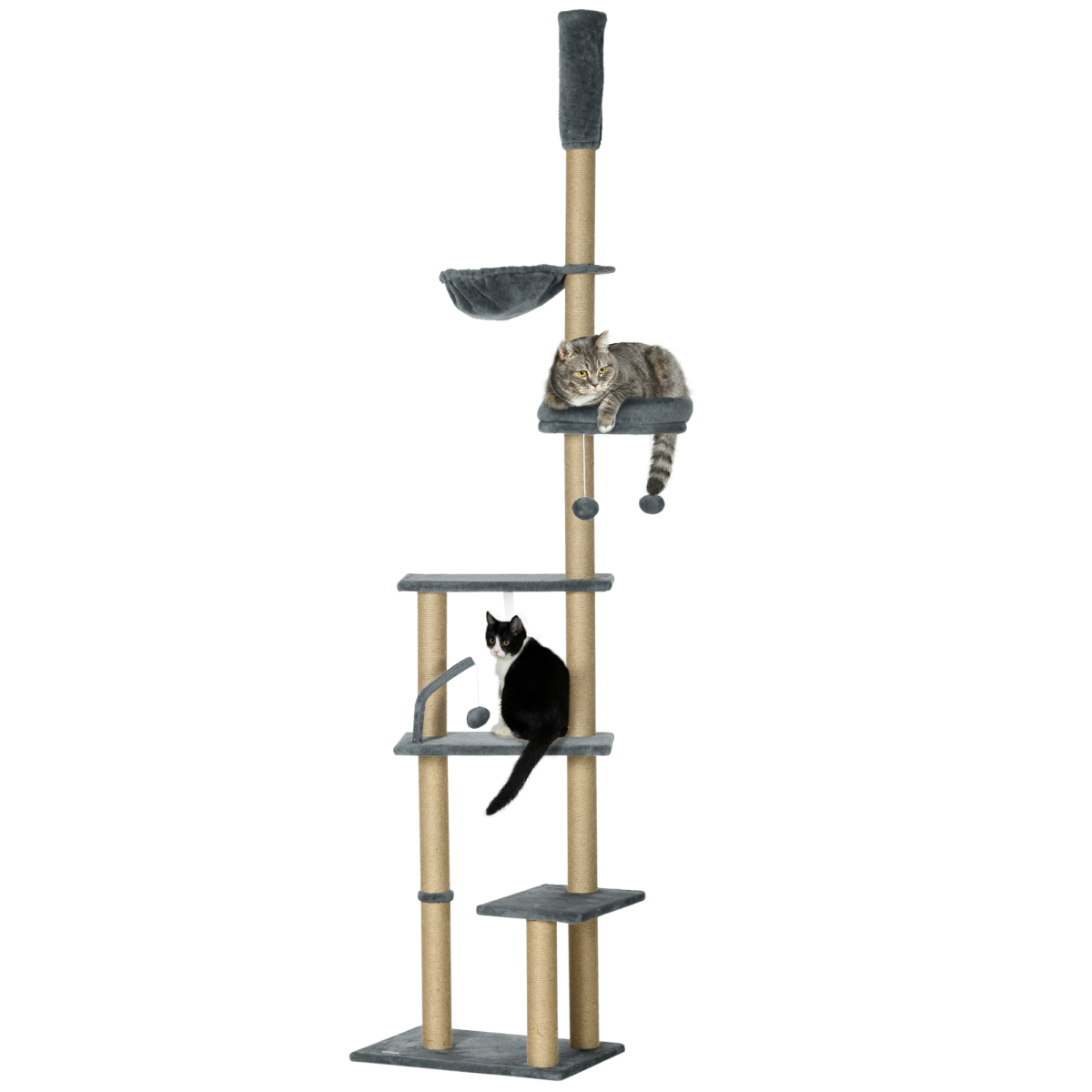 PawHut 6-Tier Floor-to-Ceiling Cat Tree with Bed, Hammock, Grey