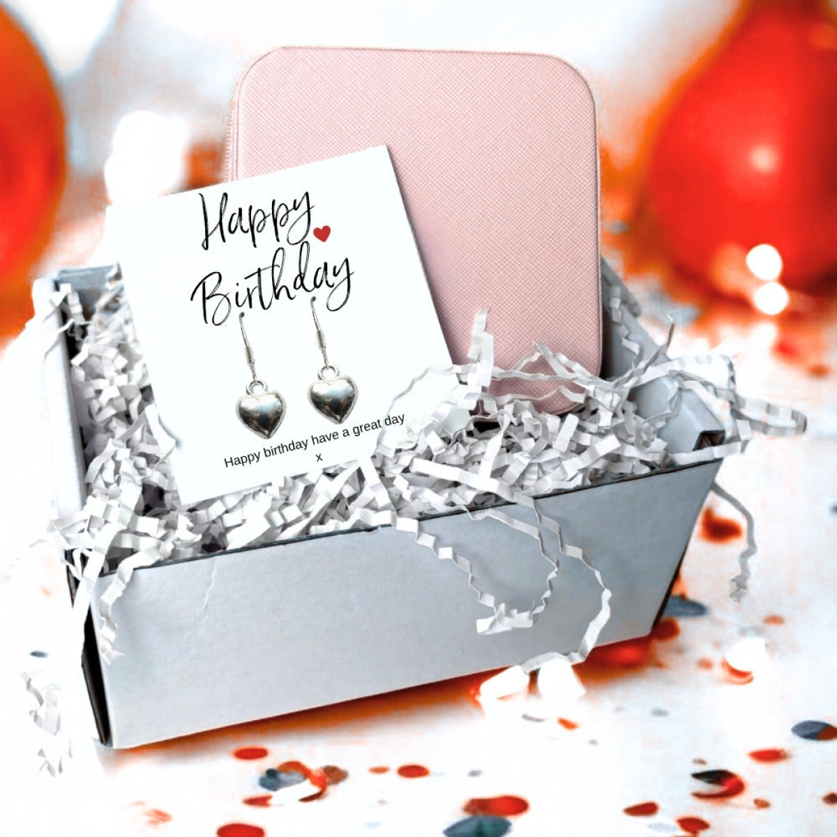 Silver Heart Earrings Birthday Gift with Pink Jewellery Box