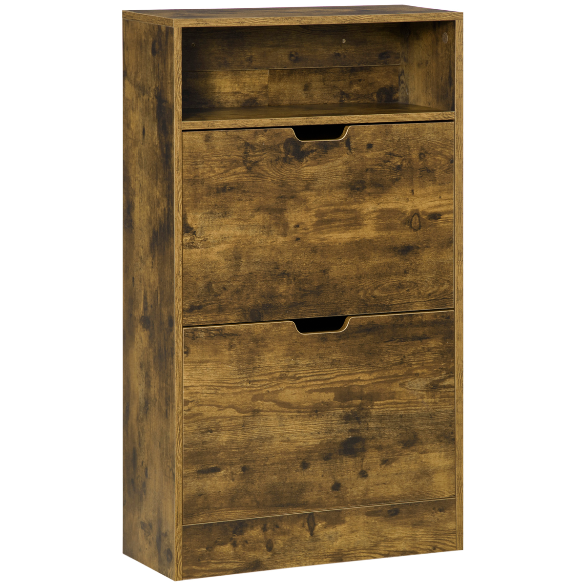 Rustic 2-Tipping-Door Shoe Cabinet with Adjustable Dividers and Open Shelf