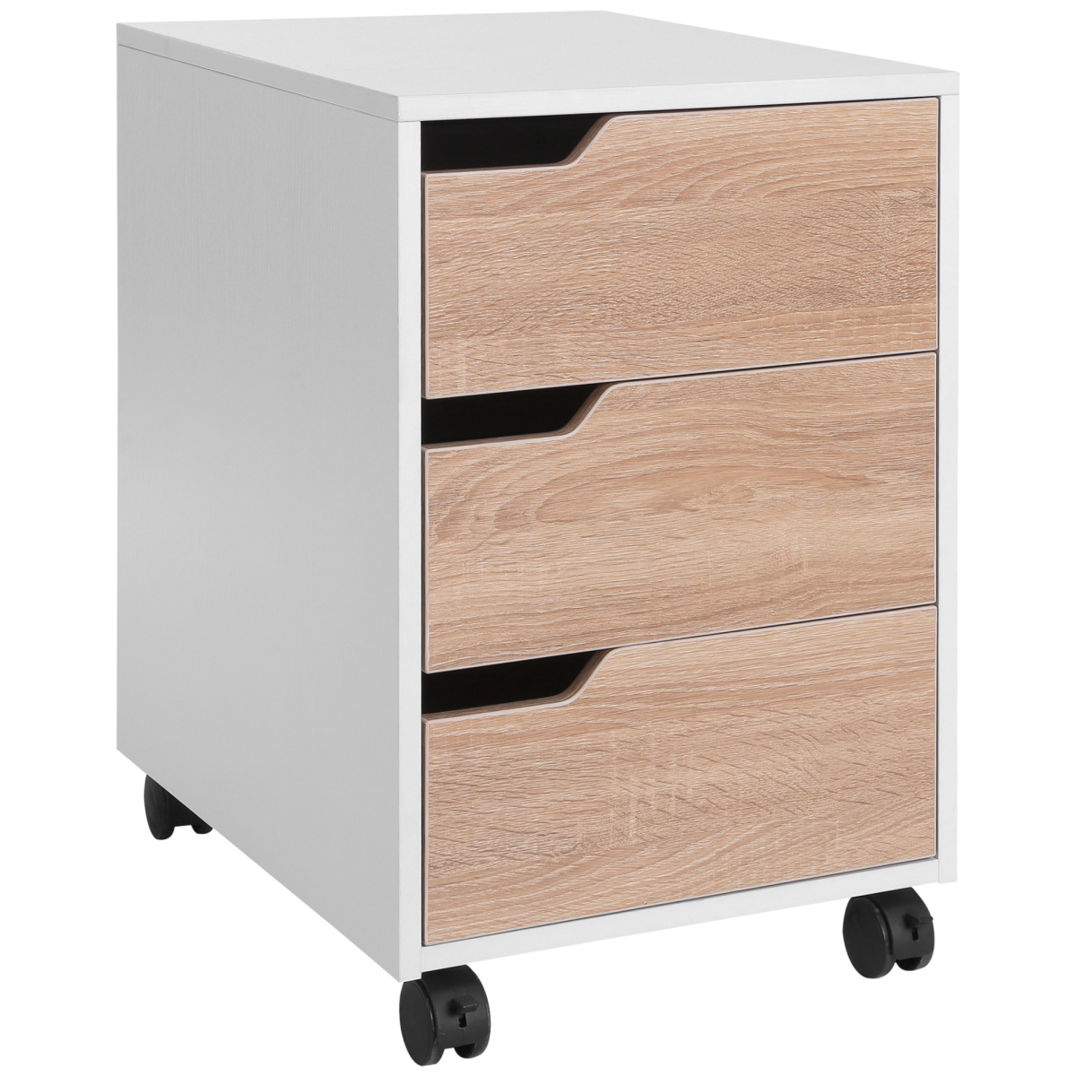 Homcom Mobile File Cabinet with 3 Drawers, Locking Casters, Metal Rails, Oak Tone White