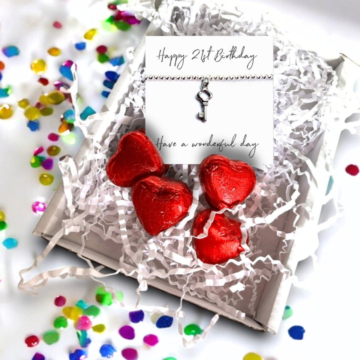 Happy 21st Birthday Charm Bracelet Gift Set with Key Charm, Message Card and Chocolate Hearts