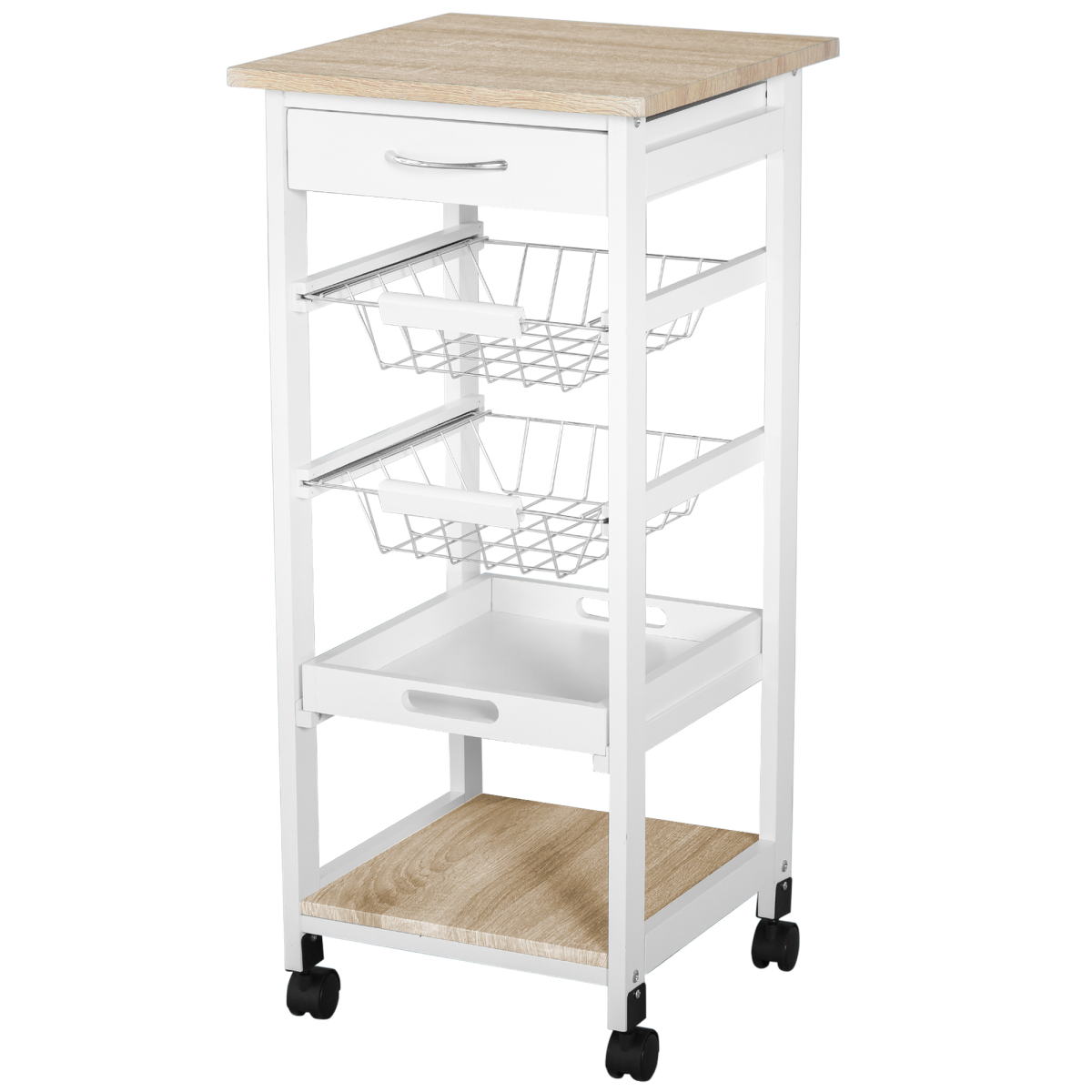 HOMCOM 5-Tier Kitchen Storage Trolley with Drawer, Wire Baskets, Pull-Out Tray and Bottom Shelf, White