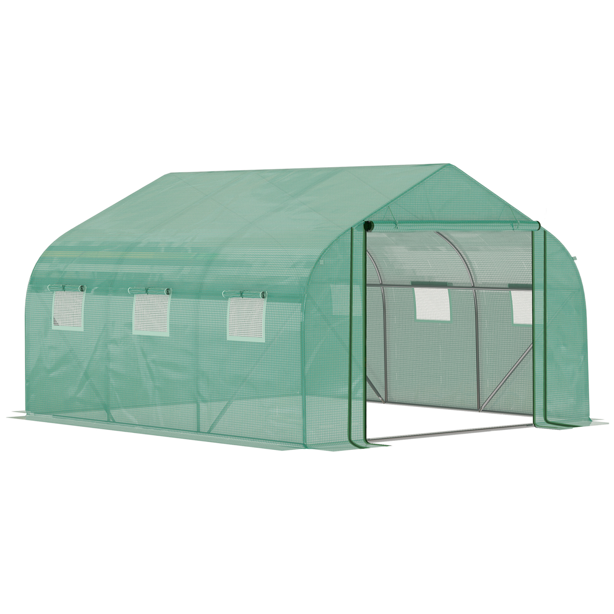 Outsunny Walk-In Greenhouse, Roll-Up Door, 6 Windows, 3.5 x 3 x 2m, Green