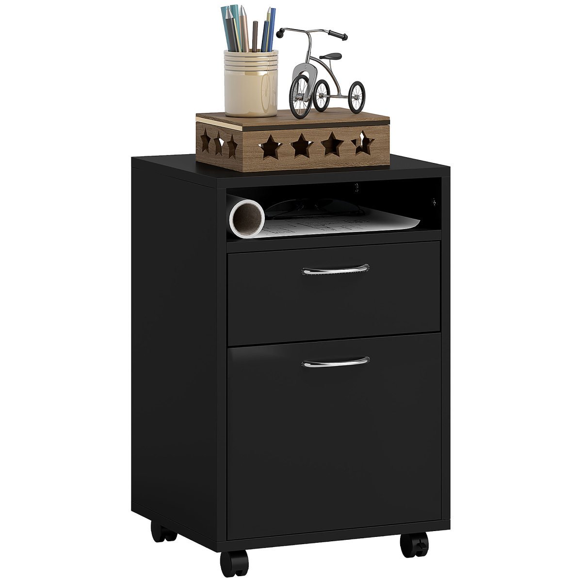 60cm Tall Storage Cabinet with Drawer, Open Shelf & Lockable Wheels, Black
