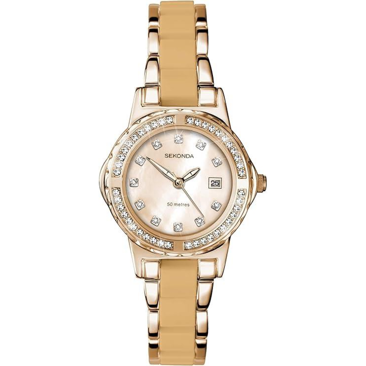 Sekonda Ladies Analogue Watch, Pink Dial, 29mm Stone Case, 2-Tone Metal Bracelet, Model 2895