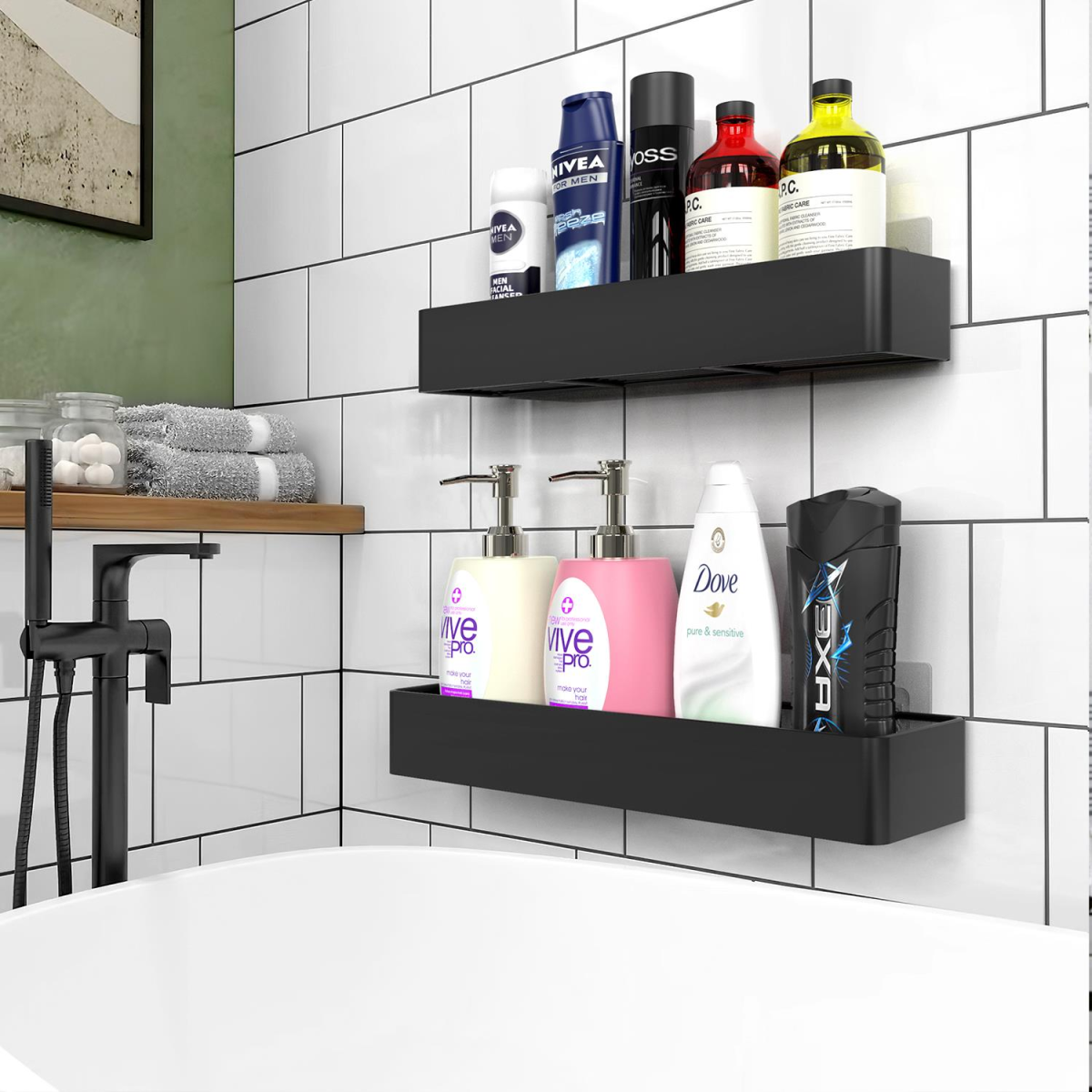 Vinsani 2-Piece Black Adhesive Shower Caddy Set, Rustproof Stainless Steel No-Drill Bathroom Organizer