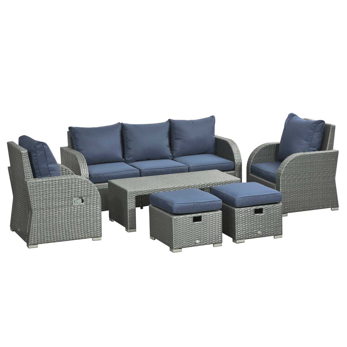Outsunny 6-Piece Outdoor Rattan Wicker Patio Furniture Set with 3-Seat Sofa, 2 Reclining Armchairs, 2 Footstools and Table
