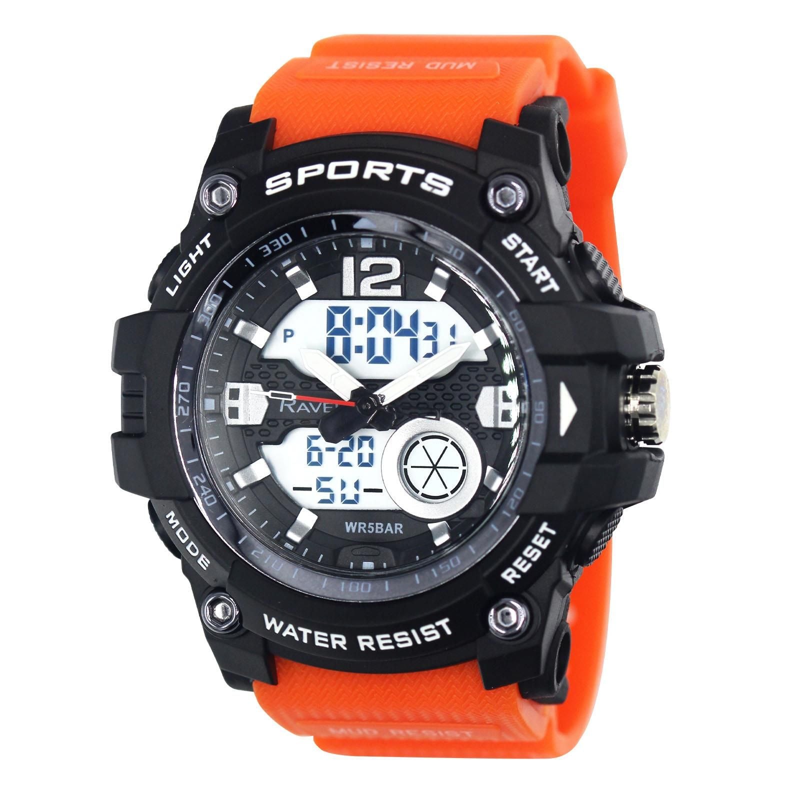 Ravel Mens Ana-Digi Dual Time 5ATM Orange Digital Sports Watch