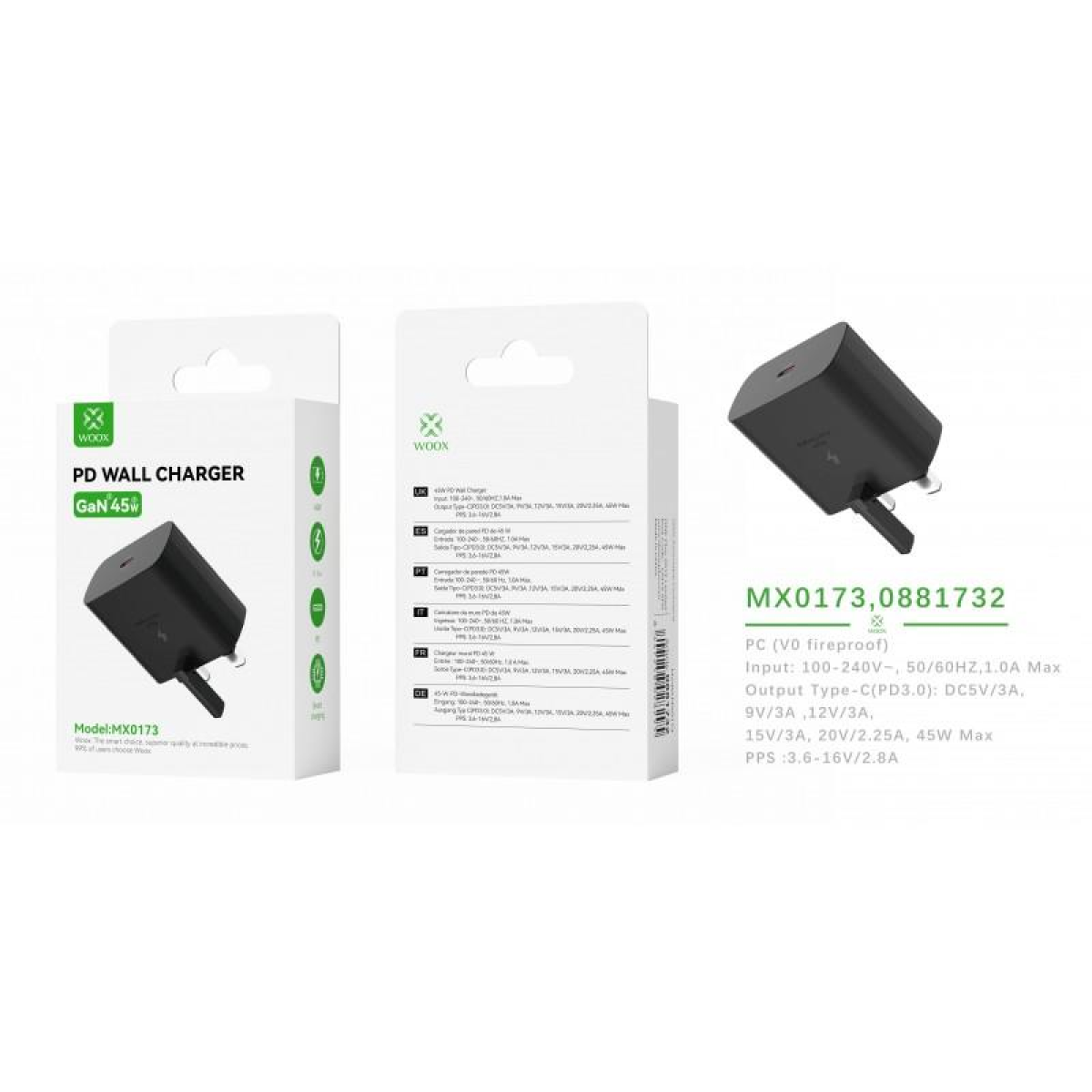 Woox 45W PD USB-C UK Folding Pin Wall Charger, Black