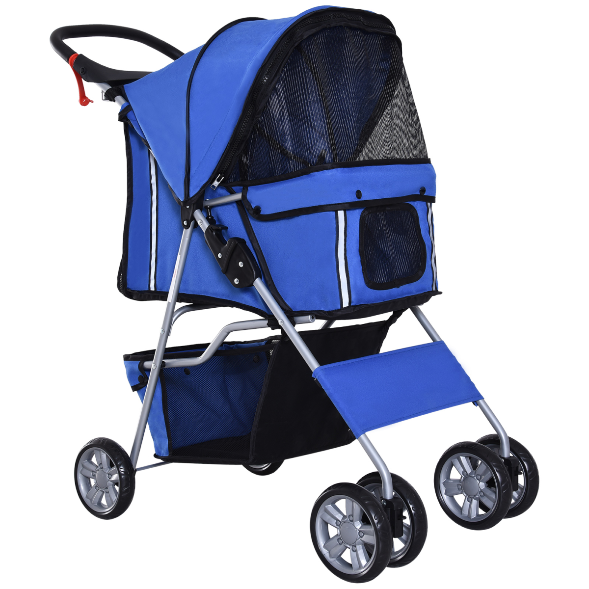 PawHut Foldable Pet Stroller for Small Dogs, 4-Wheel Jogger Pushchair with Brake, Mesh Windows, Storage Compartment and Cup Holder