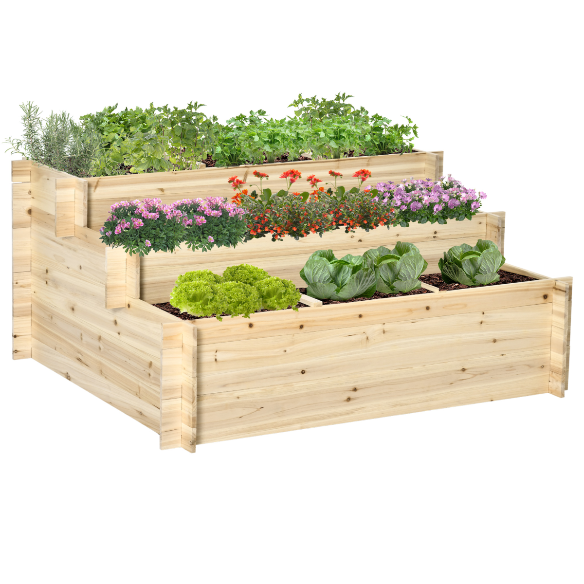 Outsunny 3-Tier Raised Garden Flower Box with 9 Grow Grids and Non-Woven Fabric