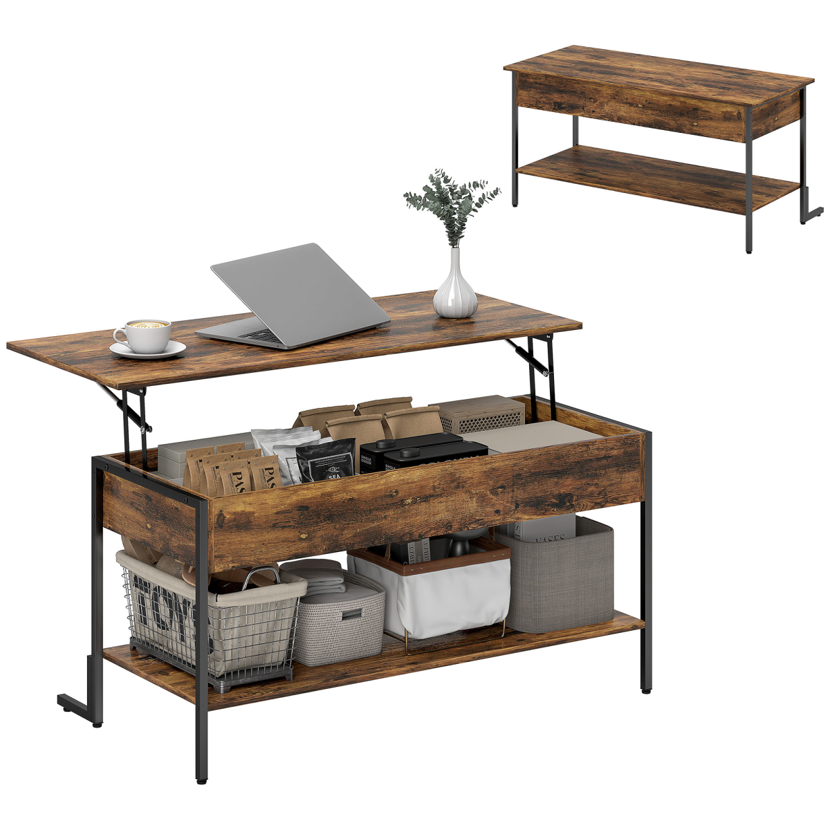 HOMCOM Industrial Lift Top Coffee Table, Storage Shelf, Rustic Brown