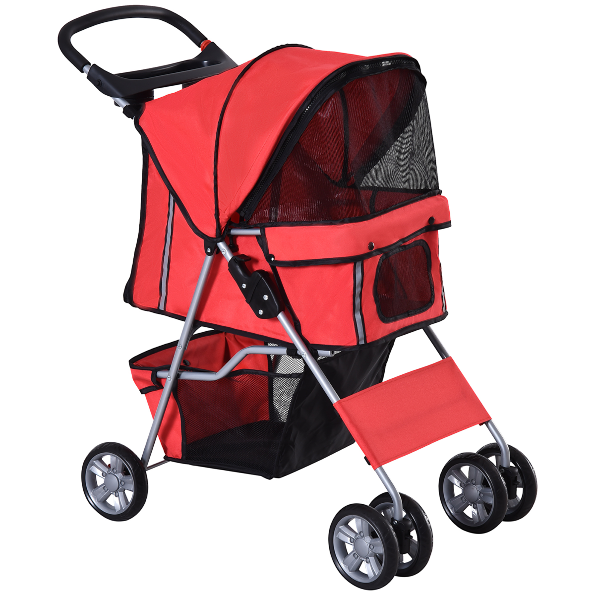 PawHut Foldable 4-Wheel Pet Stroller Carrier for Small Dogs and Cats, Steel Frame, Oxford Cloth, Basket, Cup Holder, Brake