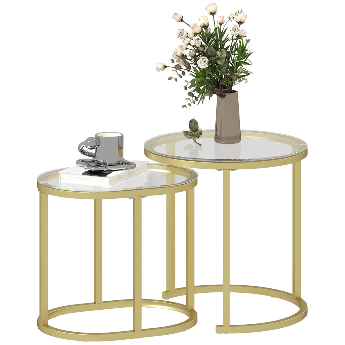 HOMCOM Set of 2 Tempered Glass Accent Tables with Gold Steel Frame