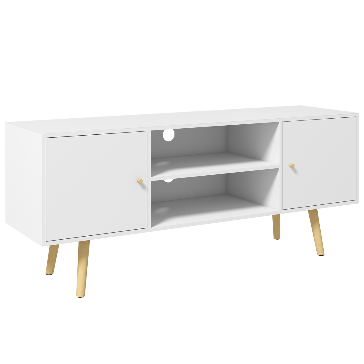 White TV Stand Cabinet with Storage, Cable Management, Wood Legs