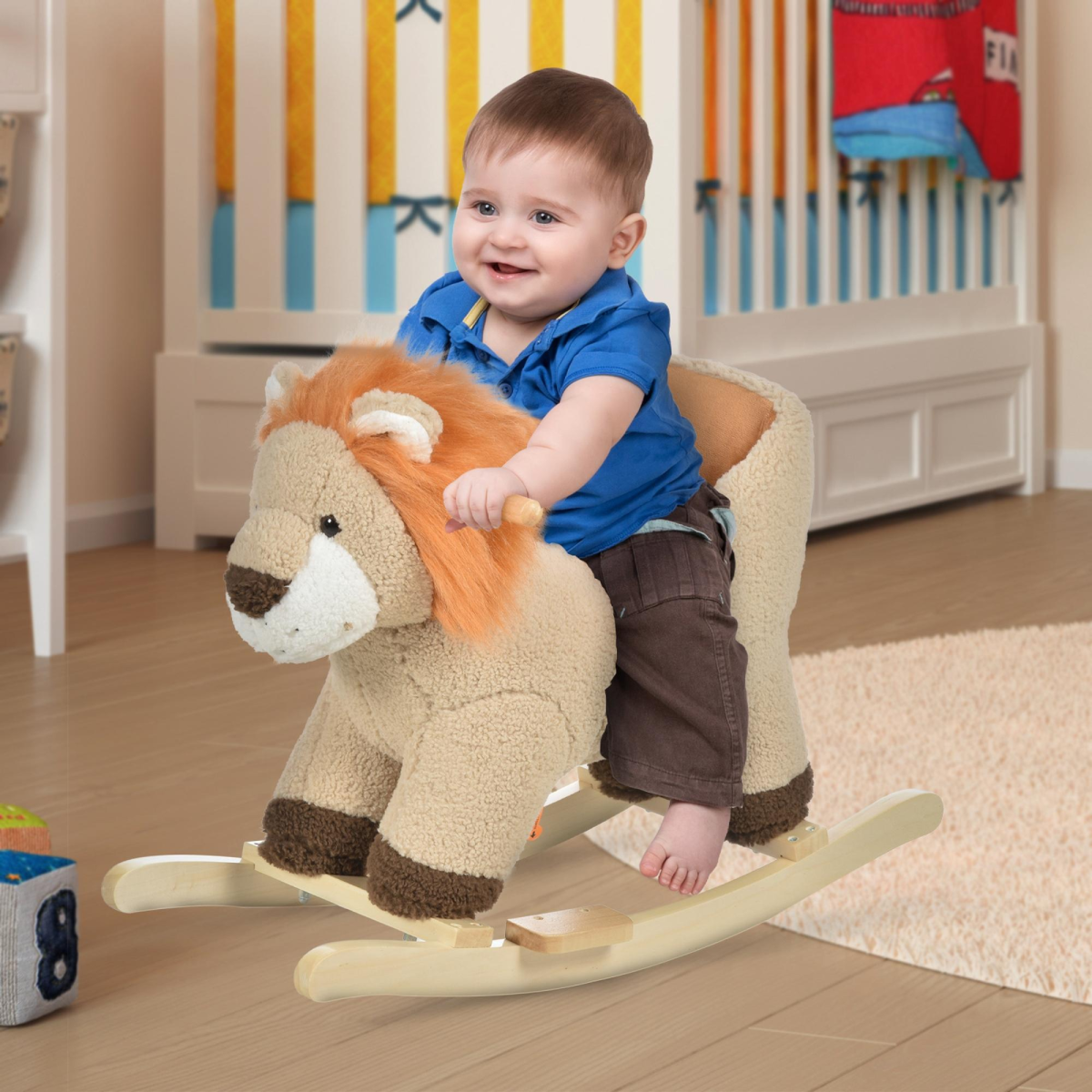 Kids Plush Lion Rocking Horse with Sound, Wood Base and Seat Belt