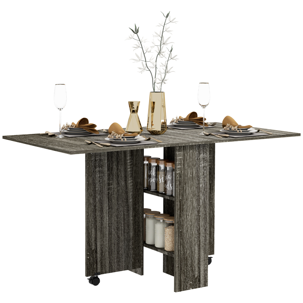AIYAPLAY Grey Mobile Drop Leaf Dining Table with Wheels & Shelves