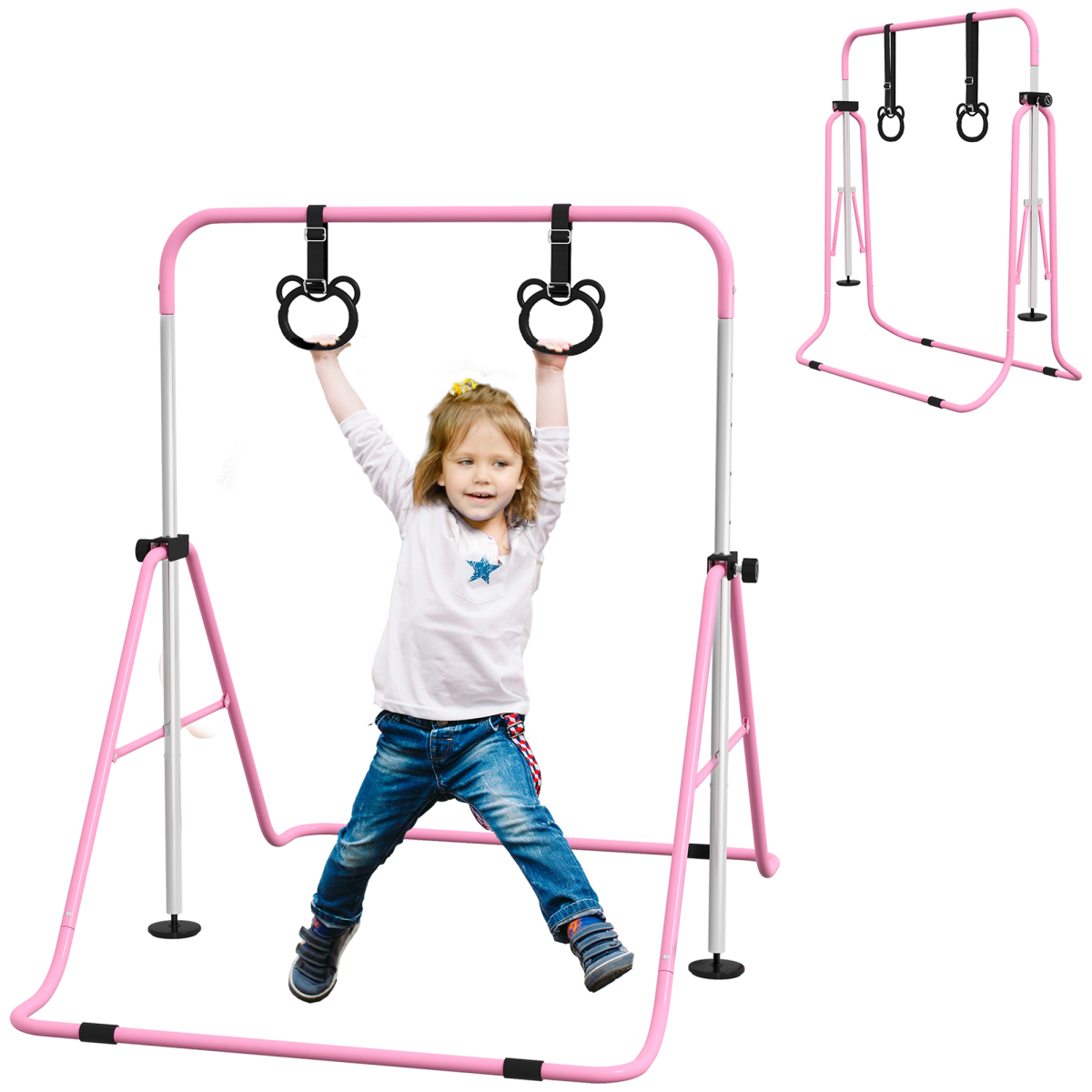 HOMCOM Adjustable Foldable Kids Gymnastics Bar with Non-Slip Mats, Pink