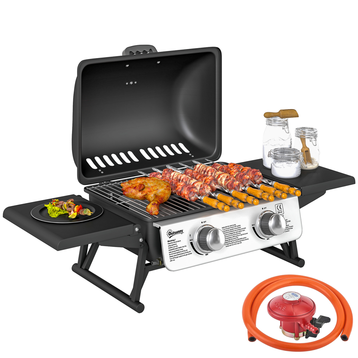 Outsunny Portable Tabletop Gas BBQ Grill with Thermometer, 2 Burners, Black