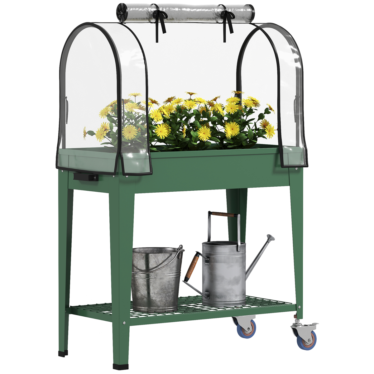 Outsunny Mobile Raised Garden Bed with Greenhouse Cover, Wheels & Shelf