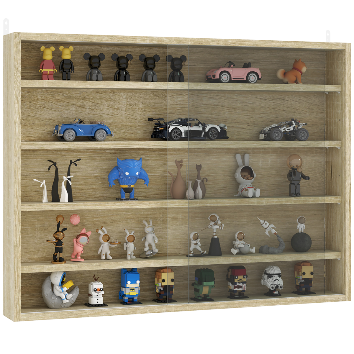 HOMCOM Oak 5-Tier Wall-Mounted Display Cabinet with Glass Doors