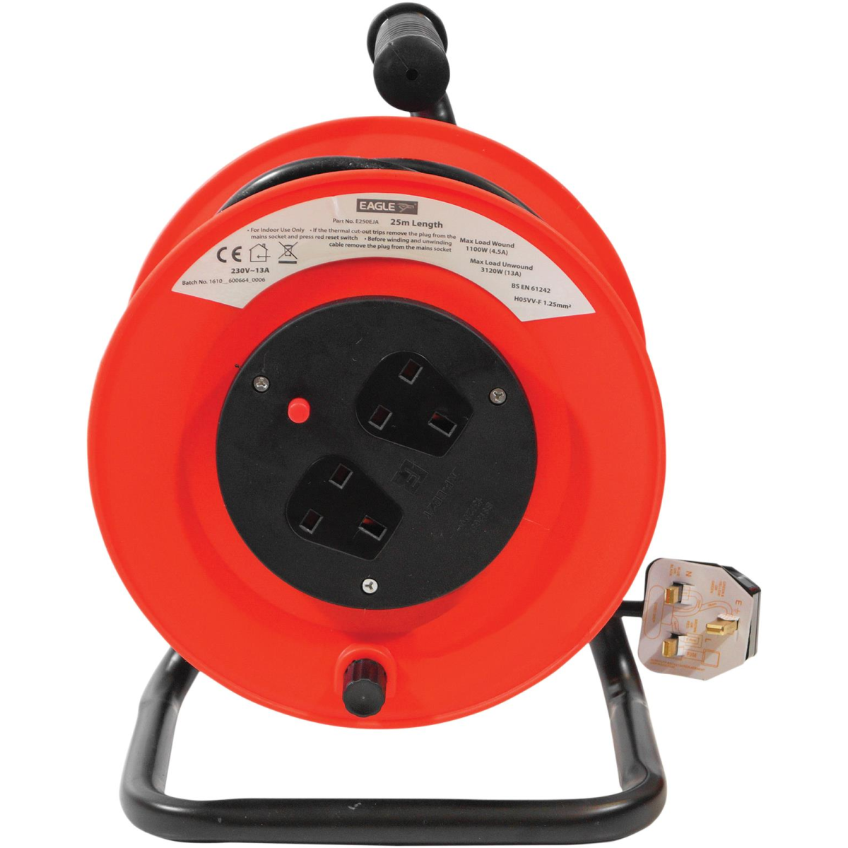 Eagle 2 Socket Extension Reel, 25m Cable, with Stand, Carry Handle and Overload Cutout