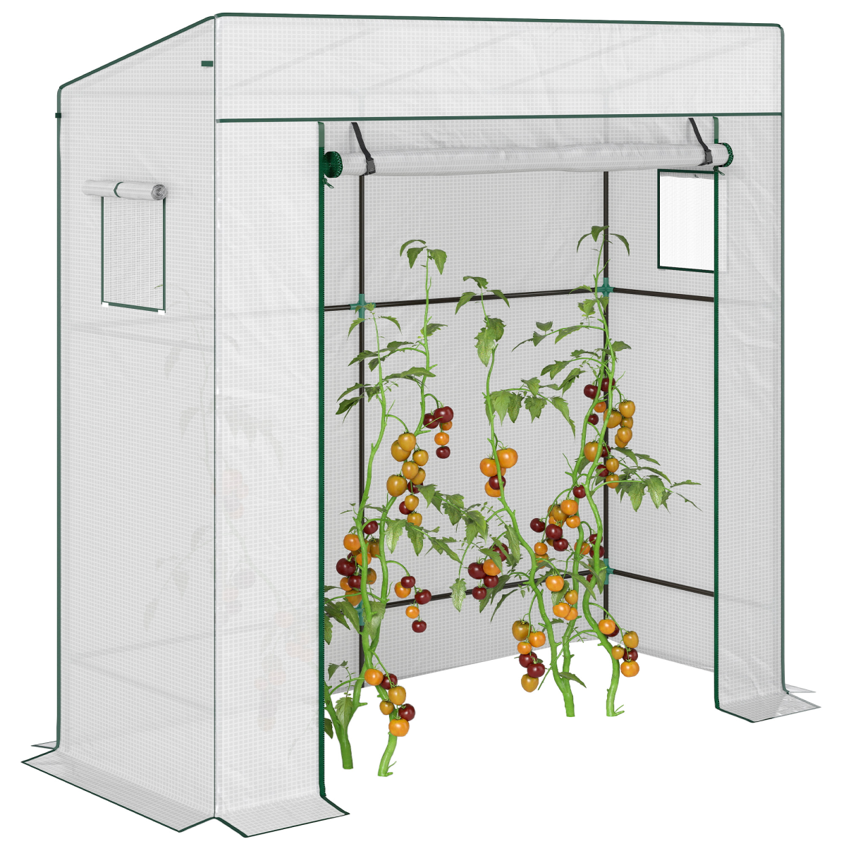 Outsunny Walk-In Lean-to Garden Greenhouse with Roll-Up Door and 2 Mesh Windows, White