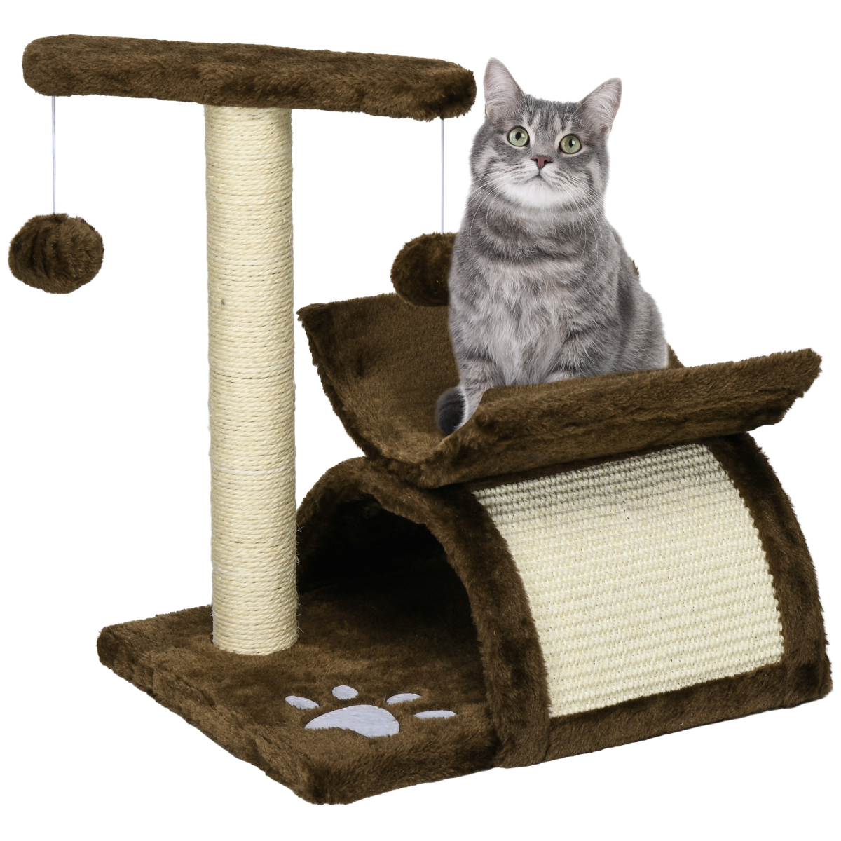Cat Tree Plush Scratcher with Tunnel, Top Bar and Dangling Balls