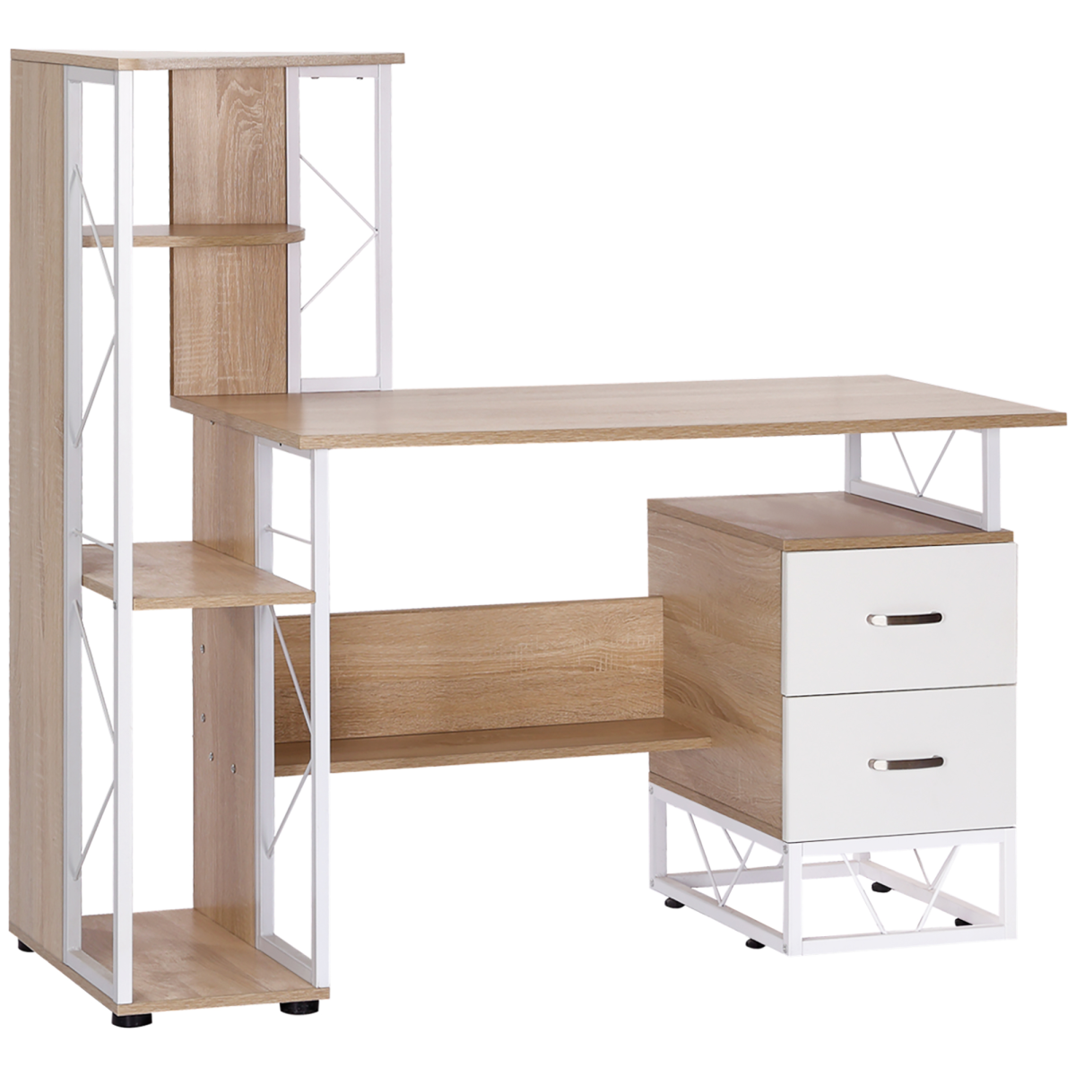 HOMCOM Workstation Computer Writing Desk with 2 Drawers and Multi-Shelves, Oak/White