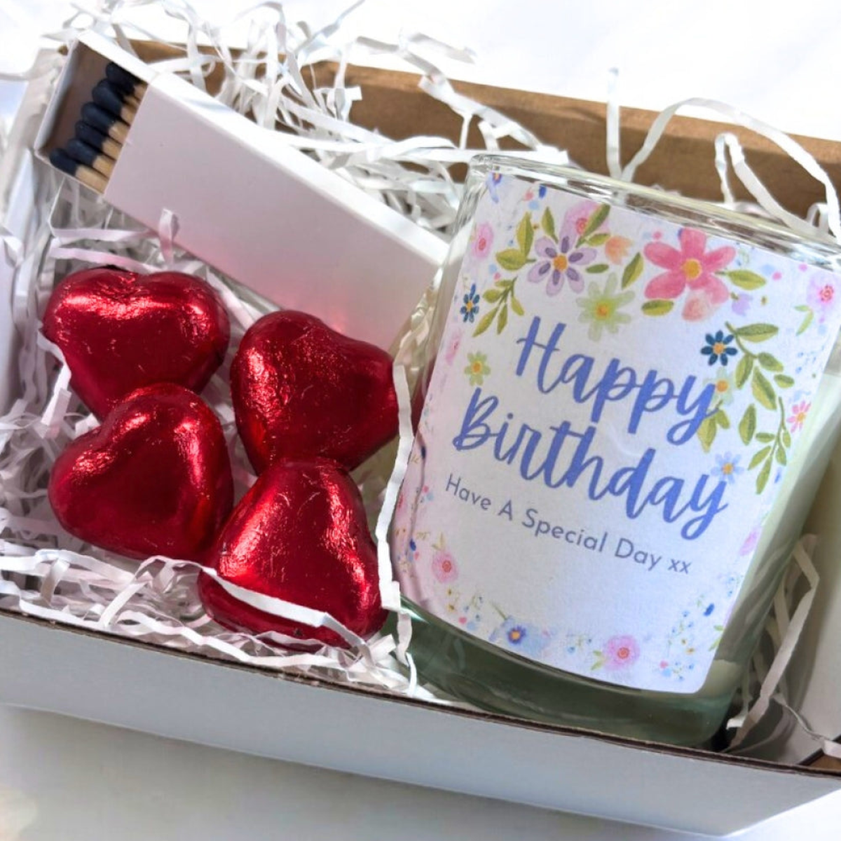 Pretty Flowers Happy Birthday Candle Gift Set with Chocolates and Matches